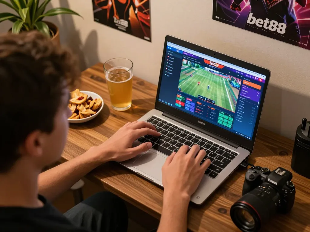 Engaged player using bet88 online gaming interface at home, surrounded by snacks and drinks.
