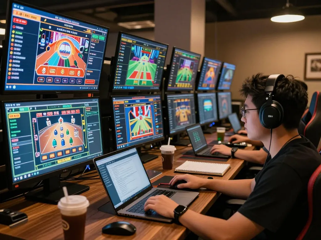Engaged player using Sunwin for strategic online gaming with multiple screens displaying live games and betting