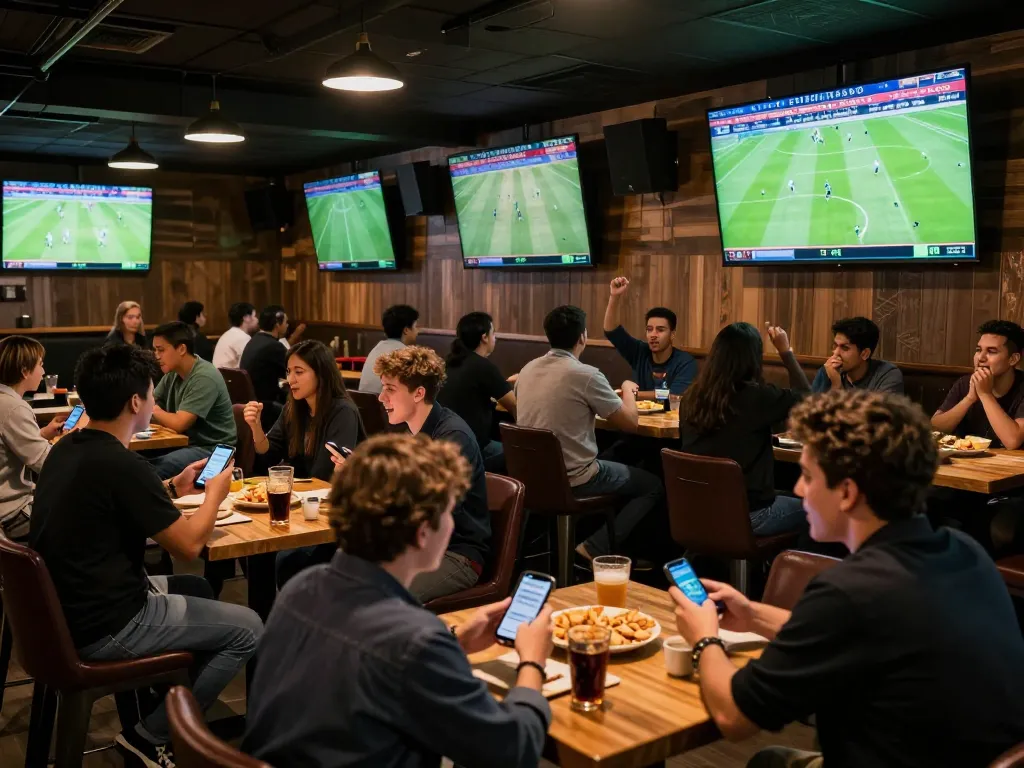 Sports enthusiasts engaging in soi keo nha cai while betting on live football matches in a lively sports bar atmosphere.