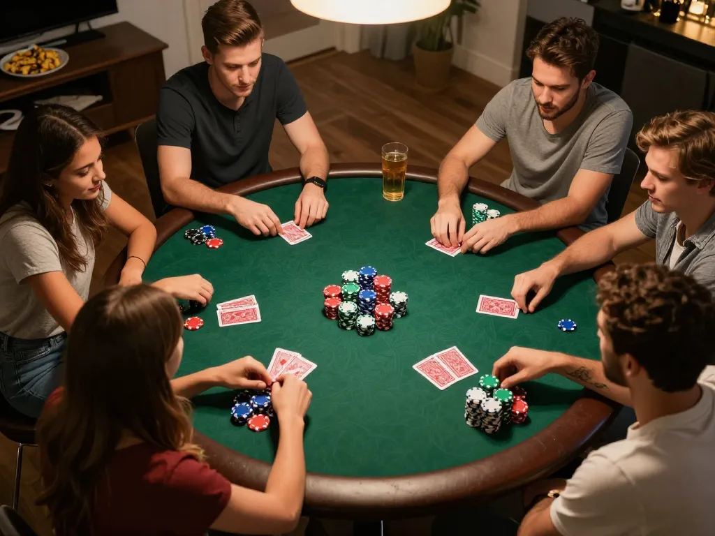 Players strategizing during a poker game night at home, showcasing engaging gambling dynamics and community at LC88.