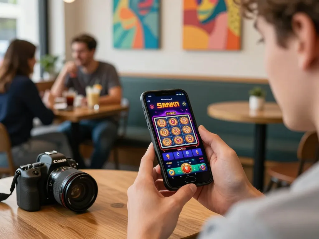 Engaging in browser play (H5) at a cozy café with vibrant atmosphere and interactive casino app.