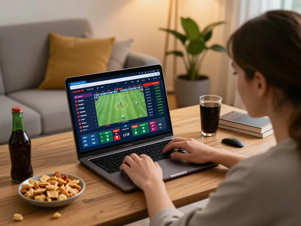 Engaged user at home enjoys online sports betting with FIVE88 interface, showcasing bets and odds.