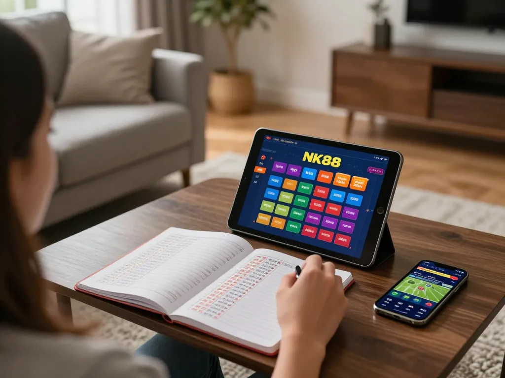 Navigating NK88 online casino gaming on tablet in a cozy home environment, showcasing responsible betting strategies.