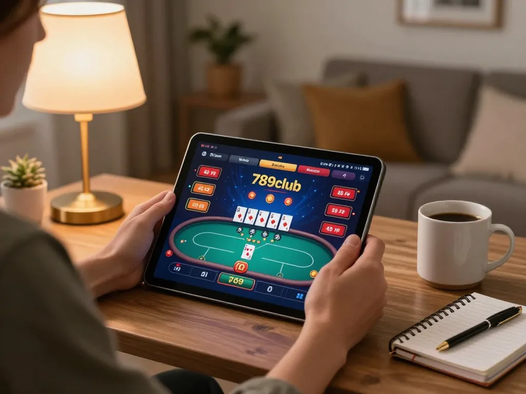 Person strategizing on 789club's online poker game in a cozy home setting.