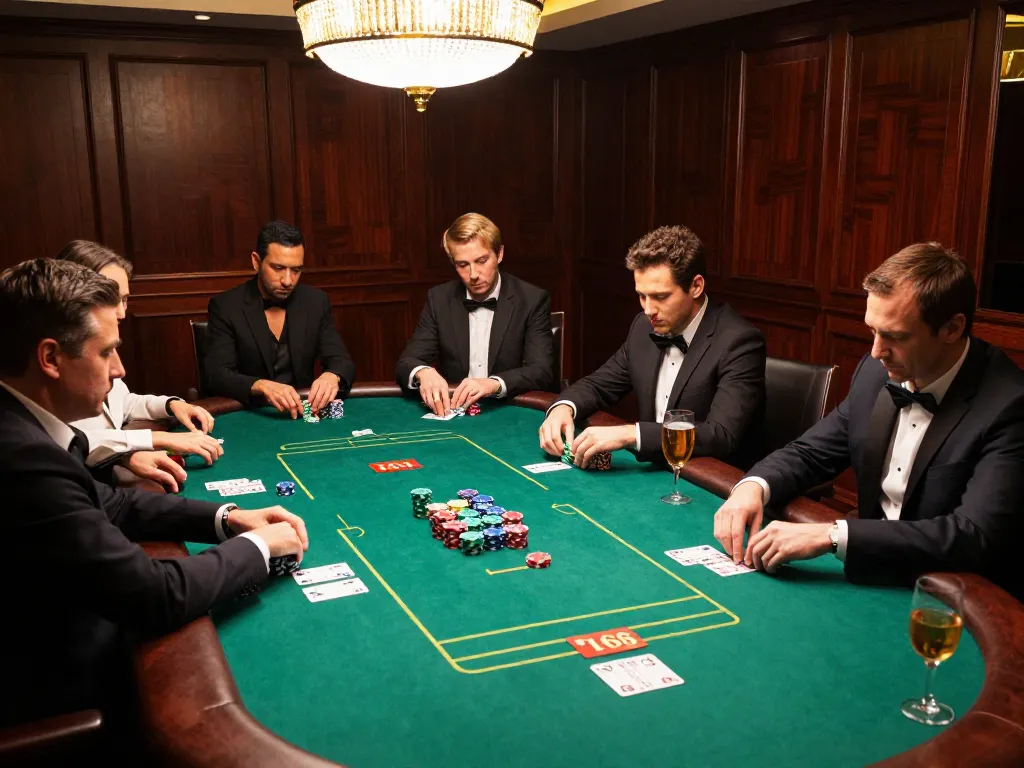 Action at a high-stakes poker game showcasing F168 chips and intense player focus in a luxury casino.