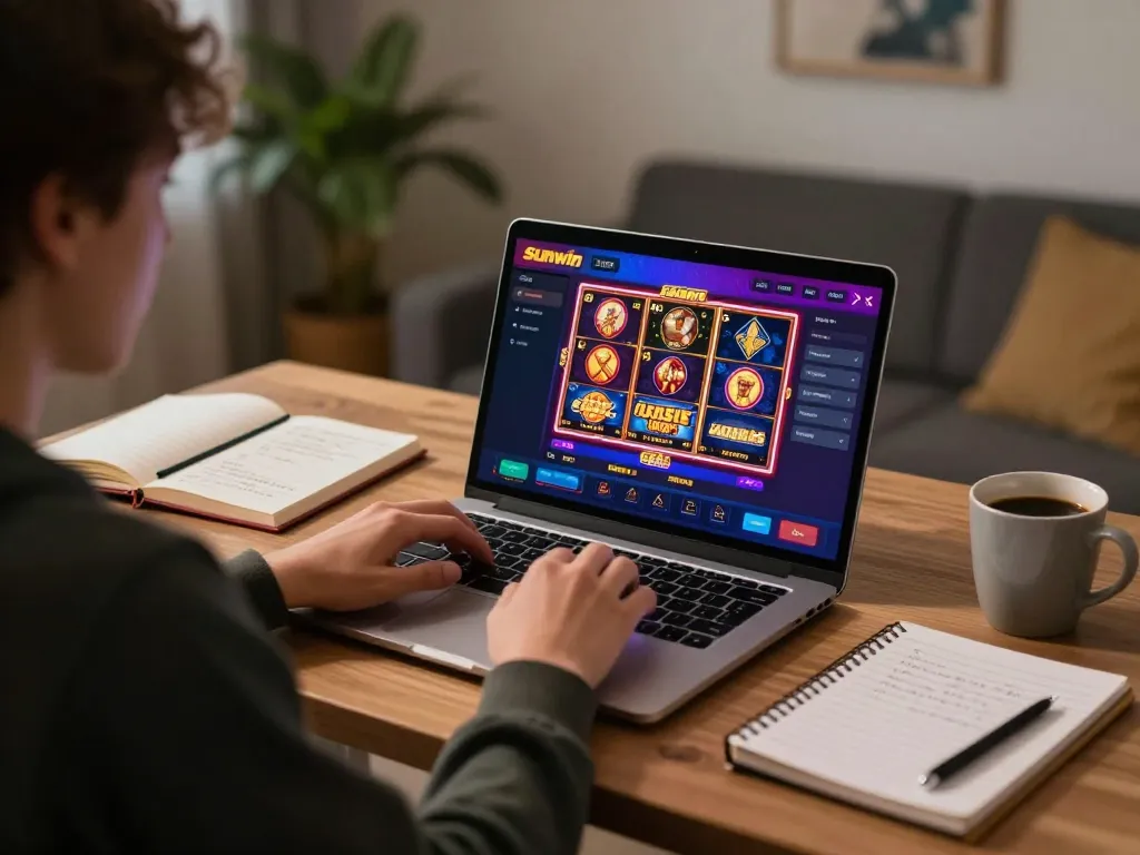 Engaging in Sunwin gaming on a laptop with colorful slots, showcasing strategic home entertainment.