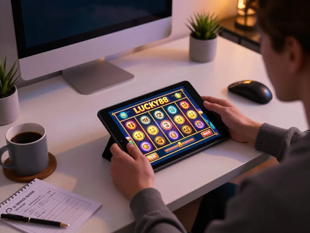Player engaging with the LUCKY88 slot game on a tablet at a cozy gaming setup.