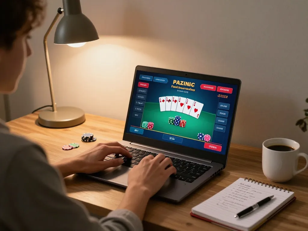Play strategic poker on O8 platform from cozy home office, laptop showing game interface
