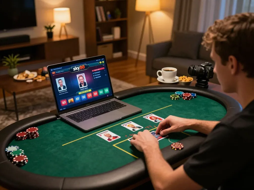Engage with interactive poker gameplay at sky88 in a cozy online setting with a laptop.