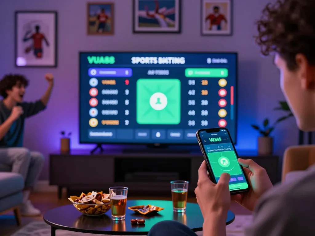 Engaging with VUA88 sports betting options at home in a vibrant setting.