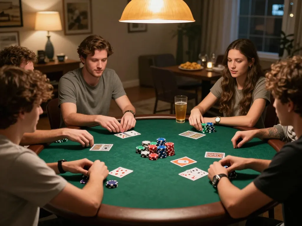 Vivu88 chính thức home poker night with friends around a table, vibrant chips and cards in play.