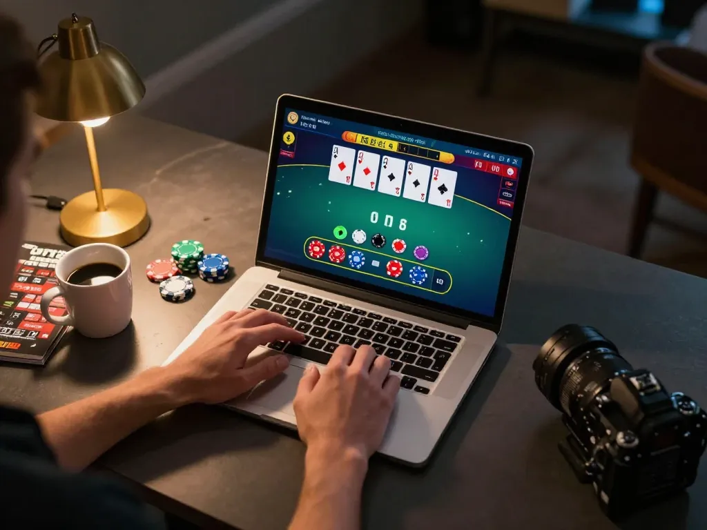 Login lucky88 from home while enjoying an engaging online blackjack game on a laptop.