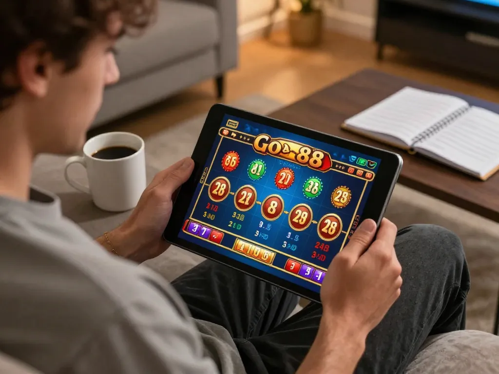 Engaging in Go 88 mobile gambling, a player immersed in tablet gameplay in a cozy home setting.