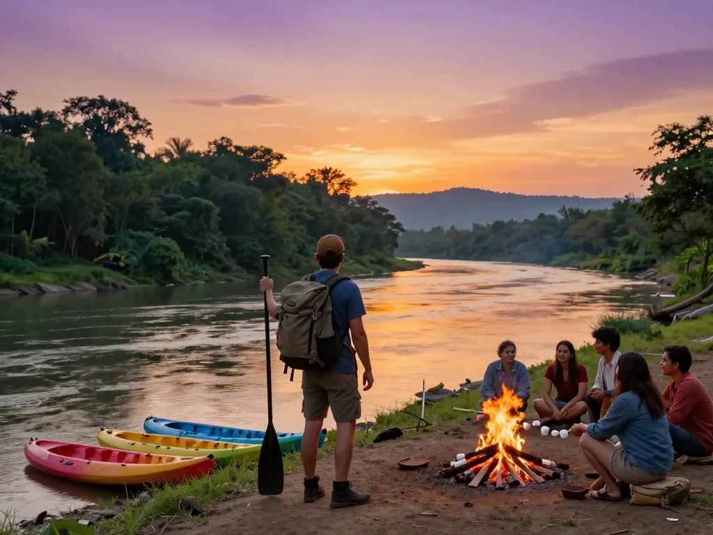 Dandeli sunset riverside adventure with travelers by Kali River.