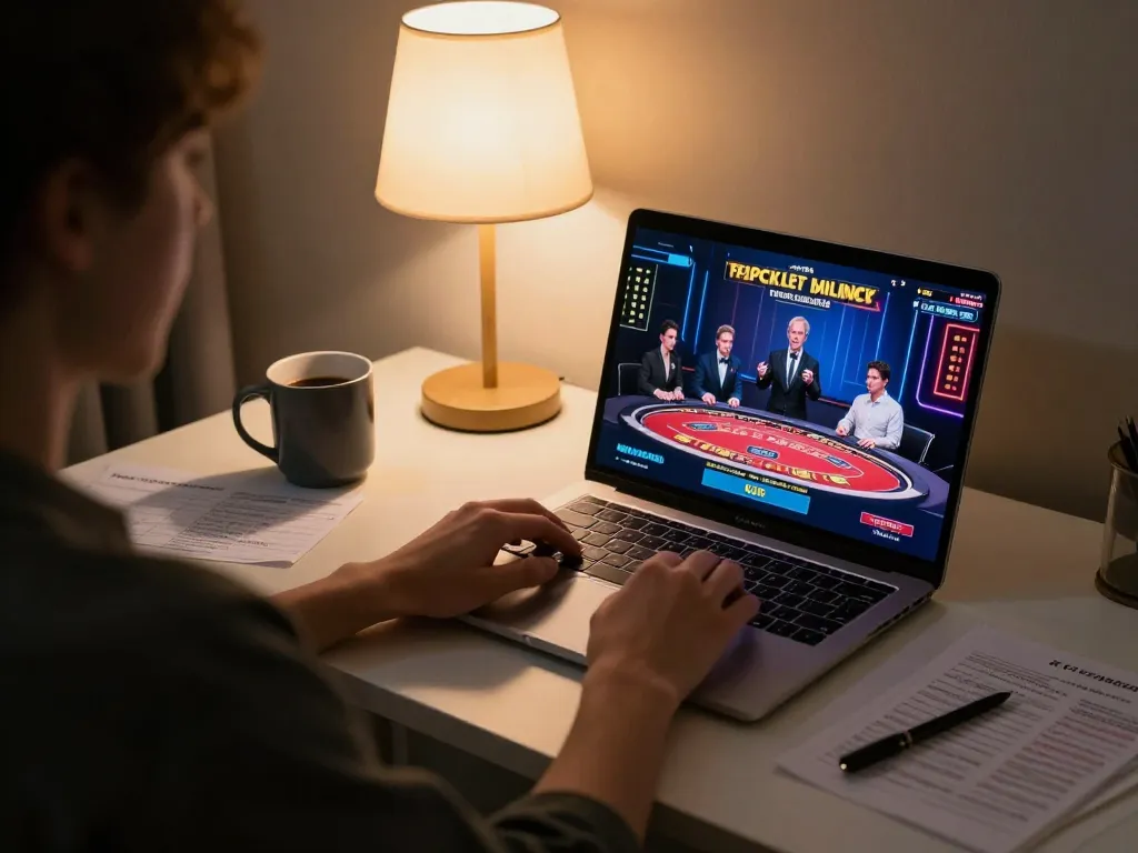 KJC online gaming session with live dealer action on laptop, cozy modern room atmosphere