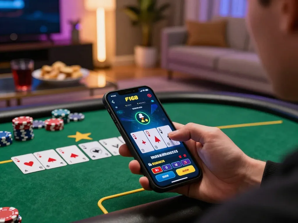 Player enjoying the F168 app while playing poker, showcasing a vibrant online gambling experience