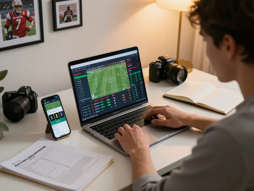 rik88 user engaging with sports betting analysis on laptop focusing on strategies
