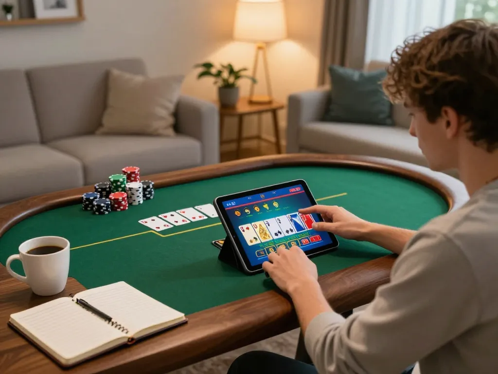 Player engaging with ALO8 poker game on tablet in cozy home environment, strategic gaming atmosphere.