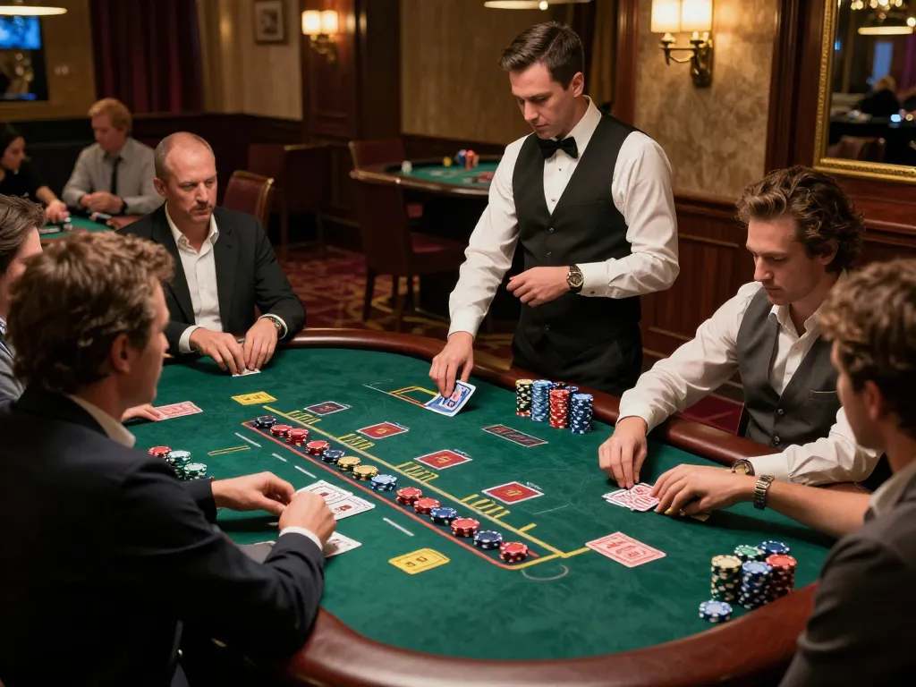 Experience strategic blackjack gameplay at lv88 casino with engaged players and dealer.