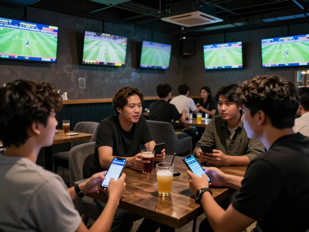 Engaged sports bettors cheering and using the kuwin app in a lively sports bar atmosphere.