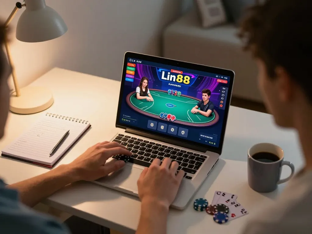 Engaging in Login Vin88 while playing poker online, with strategy notes on a stylish desk setup