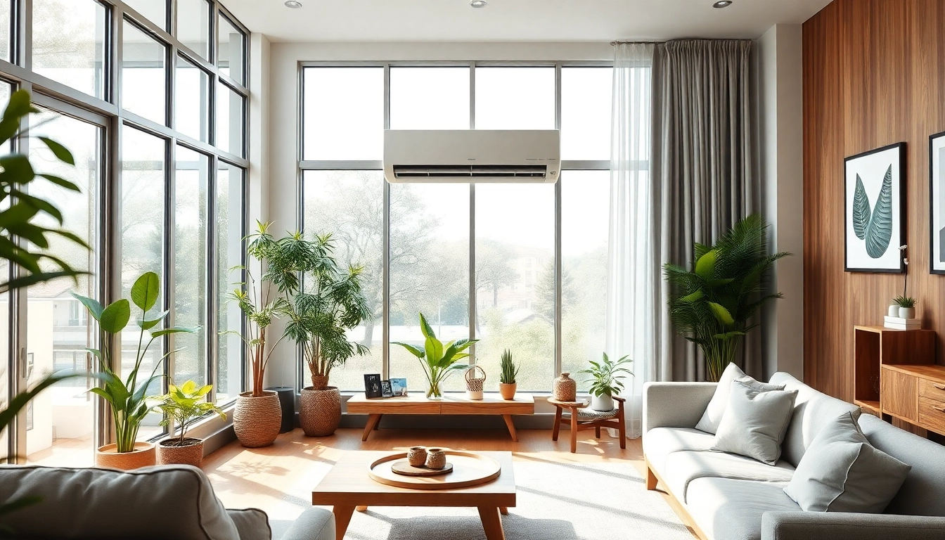 Showcasing a Mitsubishi mini split AC system elegantly cooling a modern living room.