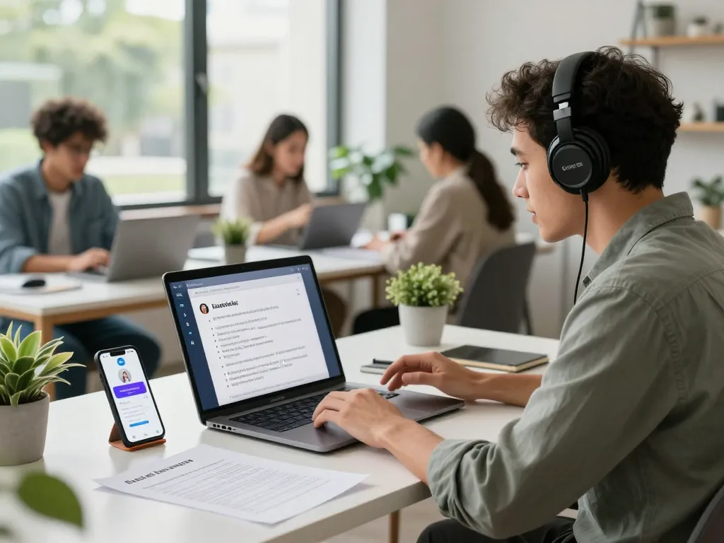 Professional using ai interview assistant for job preparation in a modern workspace