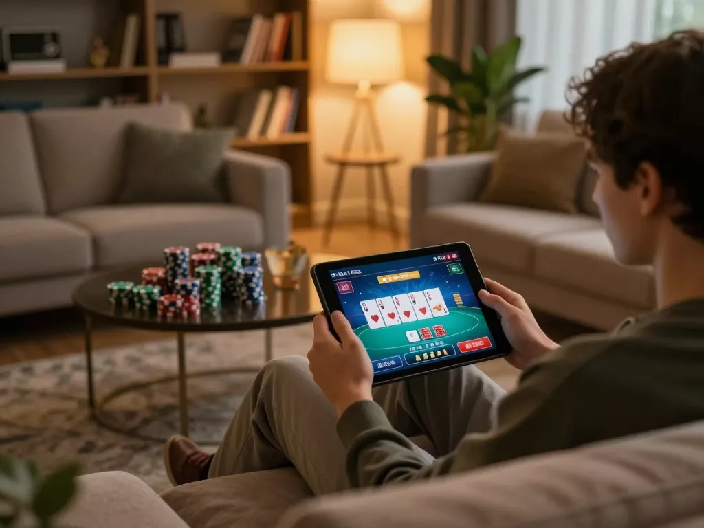 Engaging online gaming session at home with go8 using tablet for poker gameplay