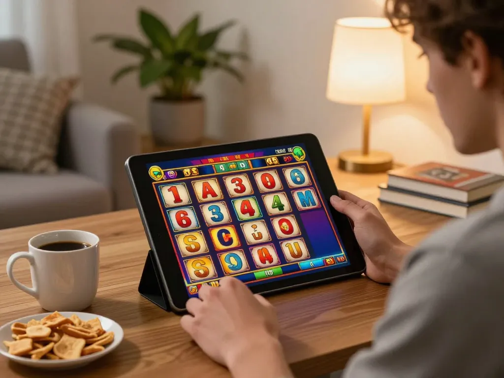 dn88 player enjoying online slots at home with cozy ambiance and engaging strategy.