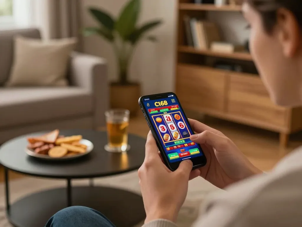 C168 user enjoying vibrant online slots on smartphone in a cozy living room, engaging with mobile casino gaming.