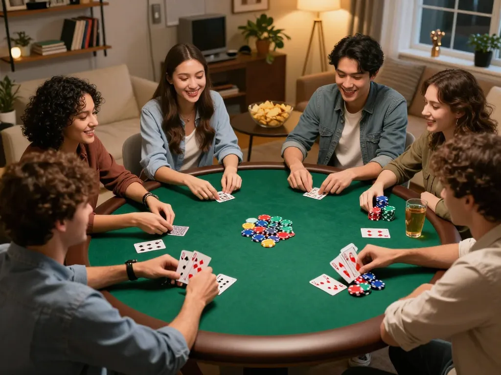 Friends enjoying a thrilling poker night with CAKHIATV providing tips on strategic gaming.