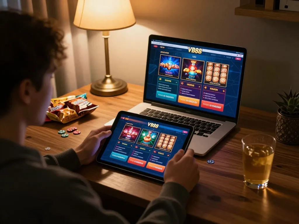 Experience online casino gaming with VB88's immersive platform in a cozy home setup.