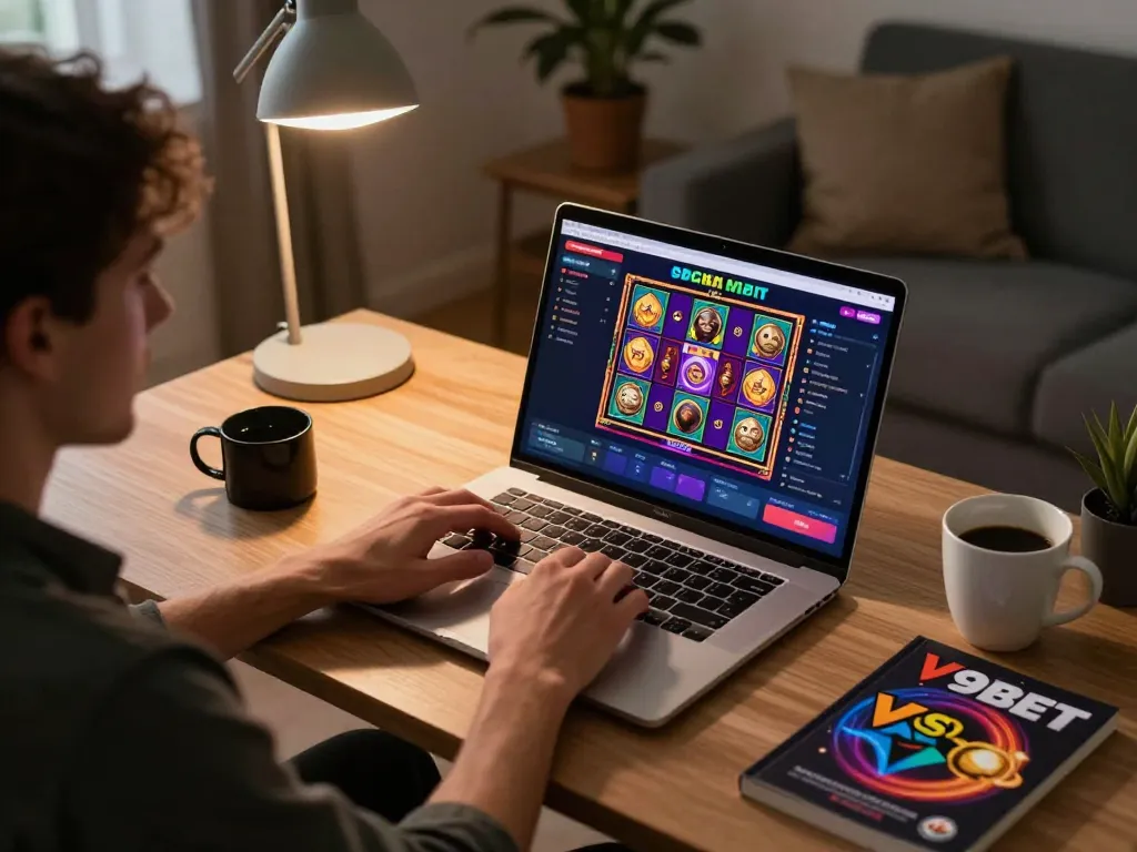 Player engaging with V9BET online casino on laptop, showcasing colorful slot game