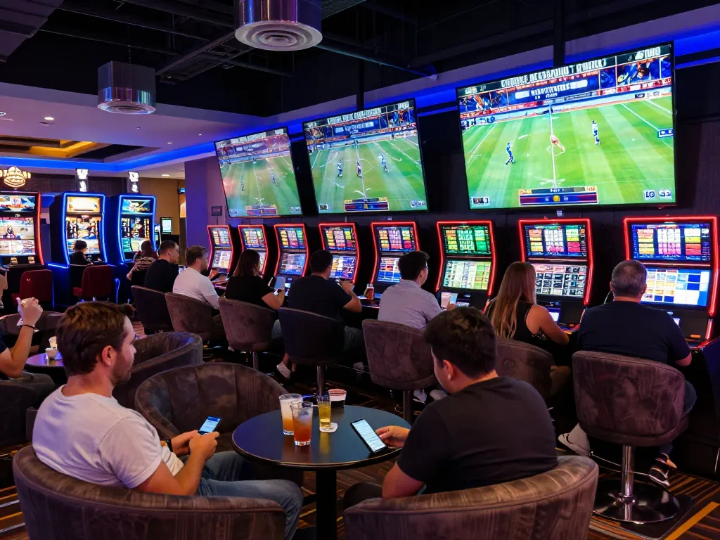 Tỷ lệ kèo nhà cái hôm nay displayed on screens in a lively sports betting lounge.