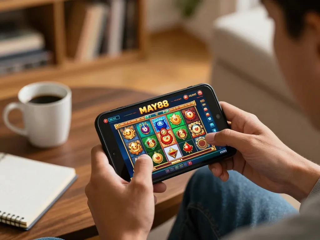 MAY88 player enjoying a thrilling online slot game on smartphone in a cozy home setting.