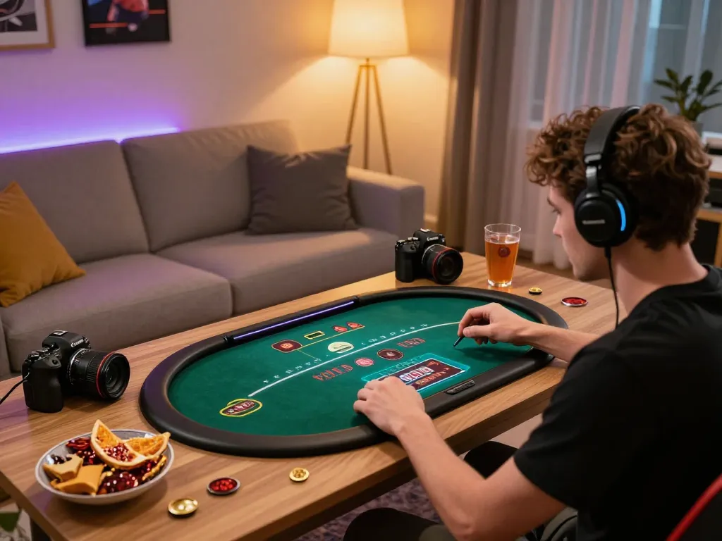 Player using TR88s online casino app on tablet in a cozy gaming setup, engaging with poker.