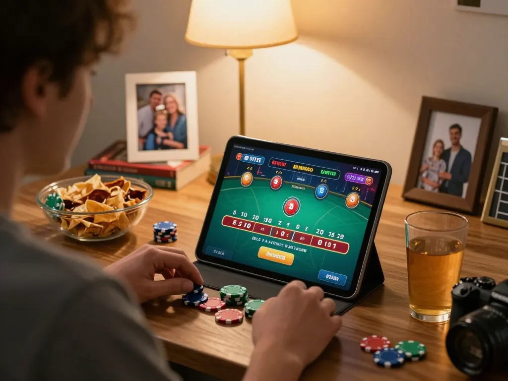 Player engaging in online blackjack on tablet at home, showcasing VK88 gaming strategy.