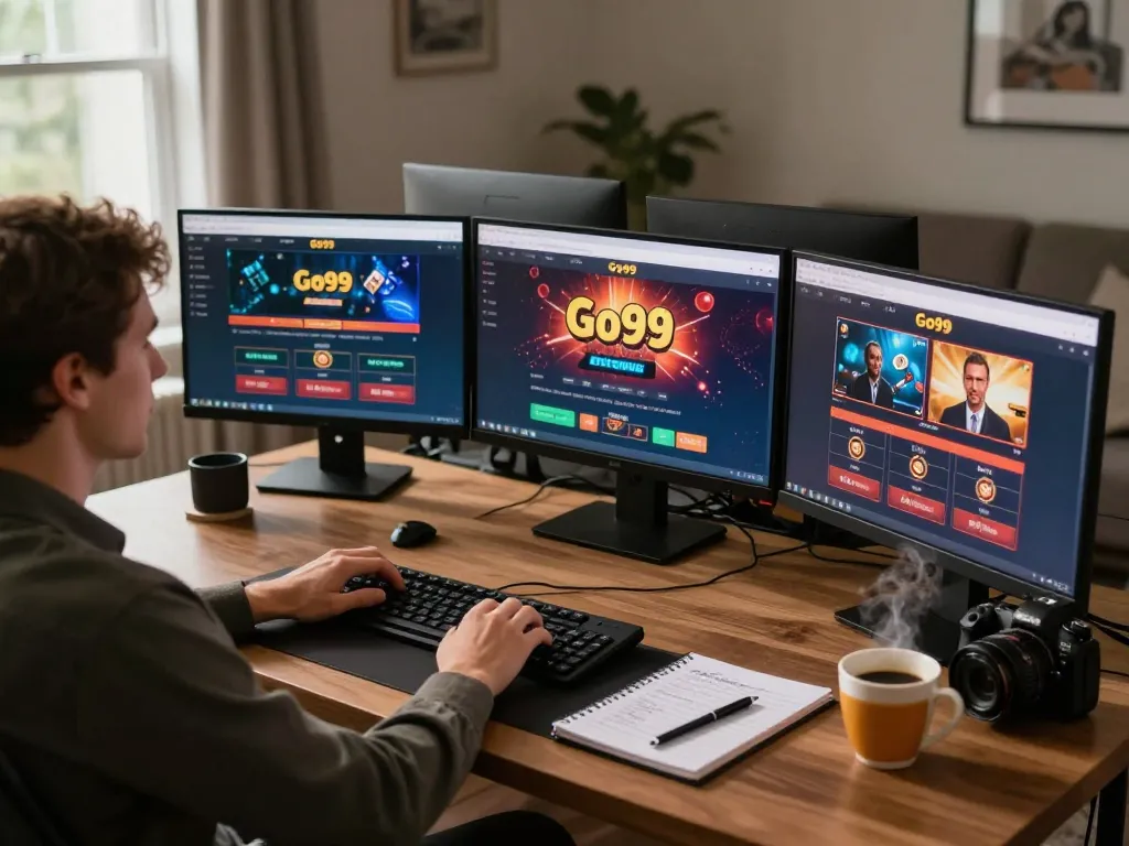 Engaging online gaming experience with Go99 casino screens in a cozy home setup