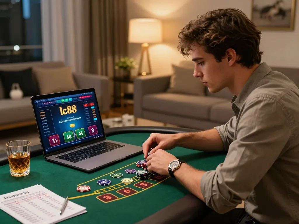 Engaging player using the lc88 platform for an intense blackjack game in a stylish home setting.