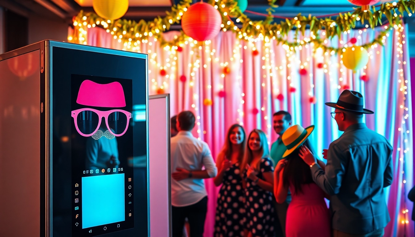 Guests enjoying the photo booth rental with fun props at a lively event.