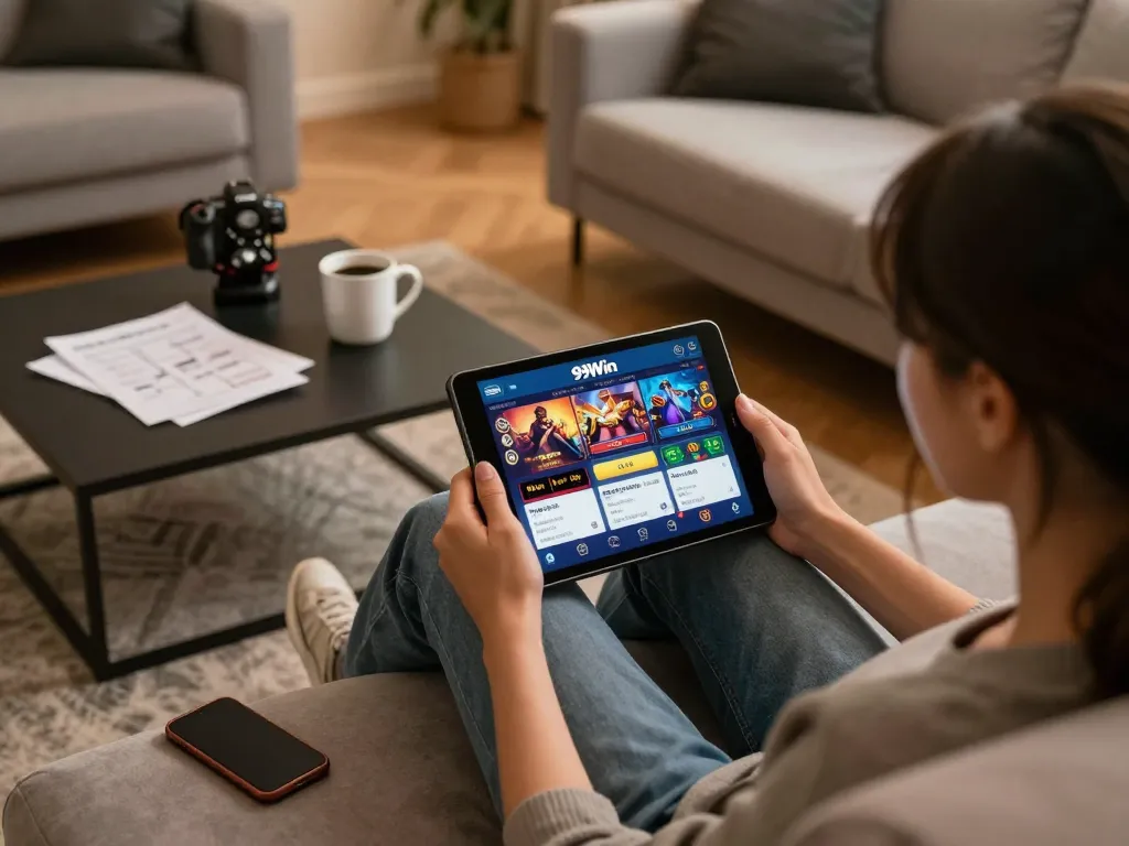 Person using the 99Win app on a tablet while relaxing at home, showcasing comfortable gaming.