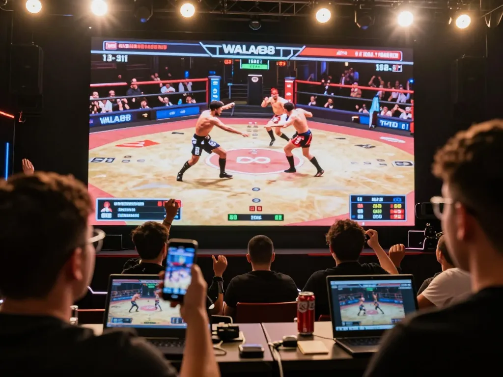 Engaged players watching WALA88's live chicken fighting matches on their mobile devices, creating excitement