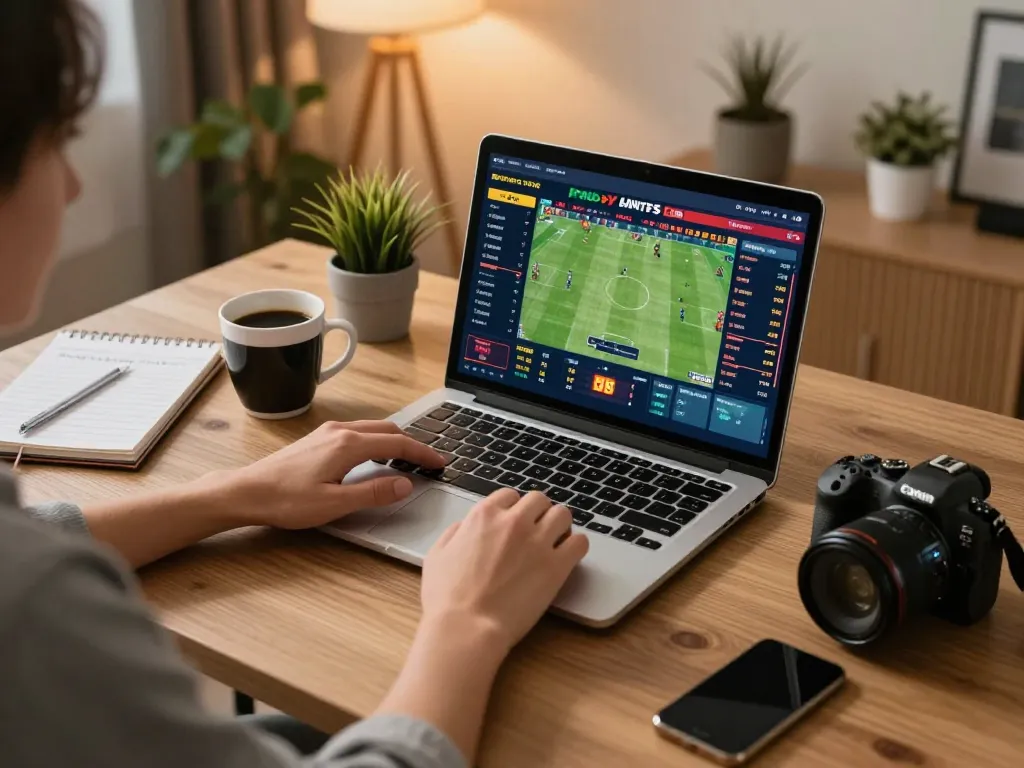 Engaging scene of sports betting at home with giải mã số học strategies, showcasing an active online gaming setup.