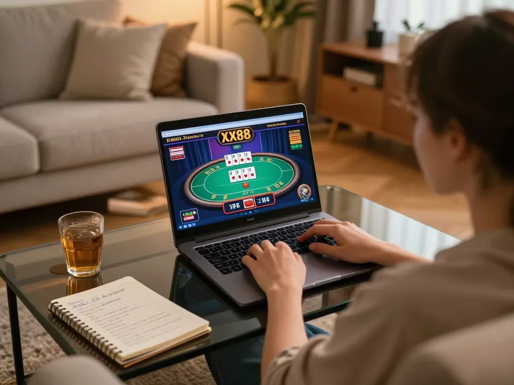 Person enjoying online gaming at XX88 from a cozy home, focusing on poker game strategy.