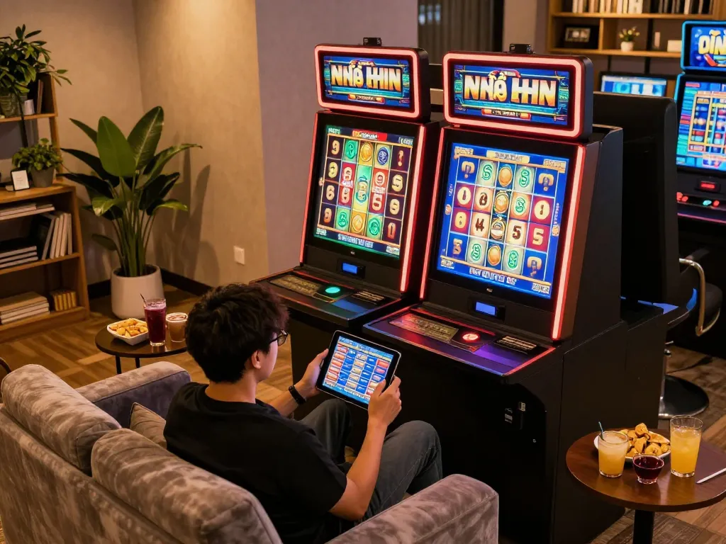 Engaging with nổ hũ online gameplay on a tablet in a cozy home setting