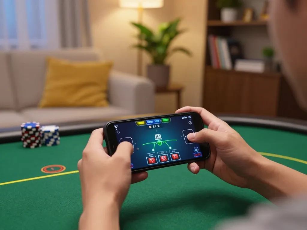 Engaging poker gameplay on smartphone via Iwin app, showcasing intense betting interface and cozy home setting.