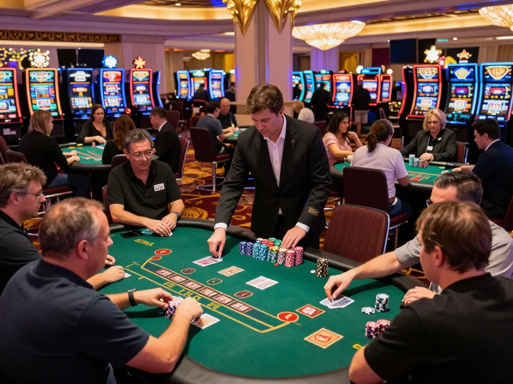 Players engaging in intense blackjack gameplay at a vibrant casino showcasing strategic betting with GA 88 focus