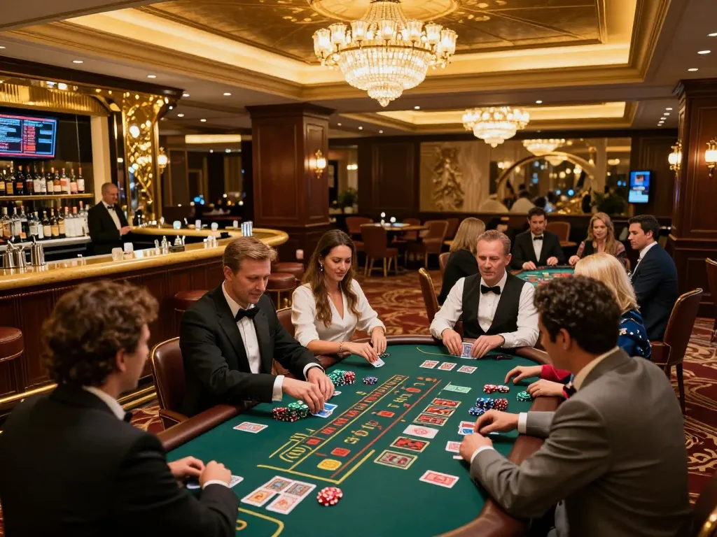 Engaging scene at LC88 casino with players enjoying blackjack and roulette in an upscale setting.