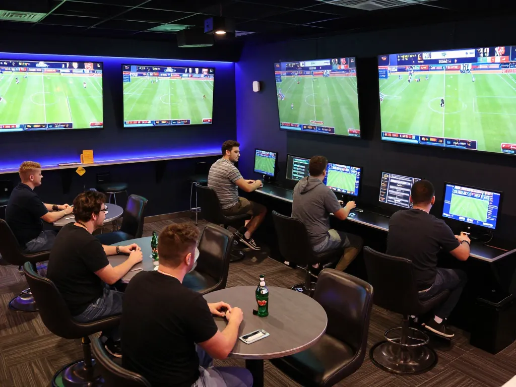 Engaged bettors analyzing nhận định kèo nhà cái in a contemporary sports betting lounge filled with vibrant energy and excitement.