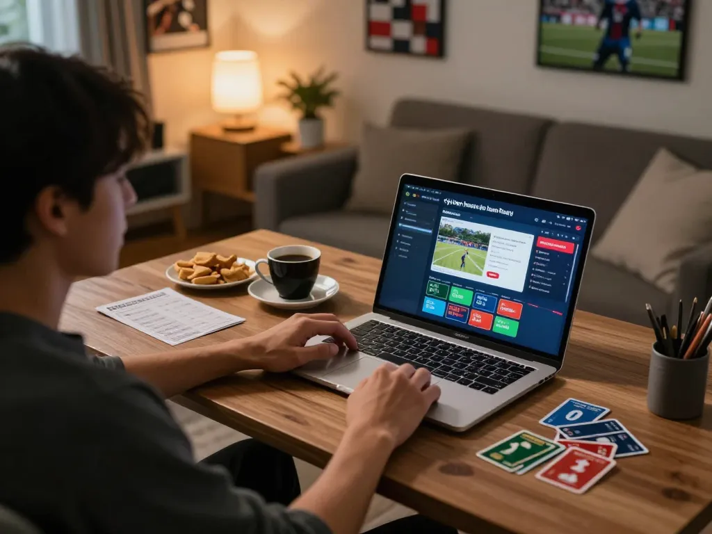 Engaging with tỷ lệ kèo nhà cái hôm nay in a cozy home gaming setup, laptop in focus, strategic atmosphere